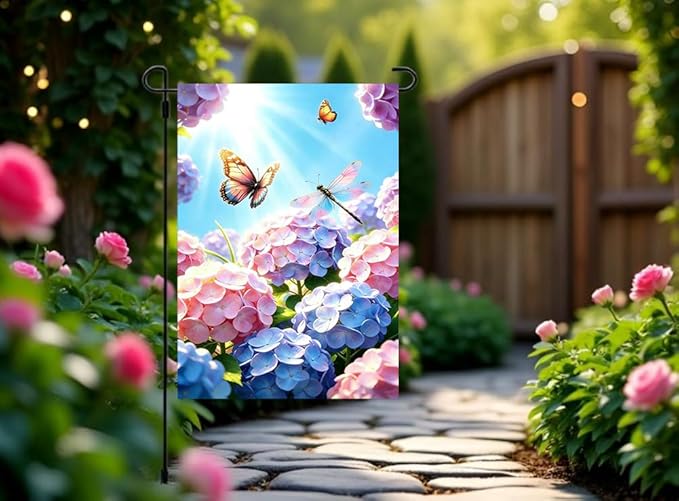 Spring Summer Hydrangea Butterfly Dragonfly Garden Flag 12x18 Double Sided, Small Burlap Seasonal Farmhouse Floral Garden Flags Summer Outdoor Decorations Yard Lawn Porch Flags for Outside Decor