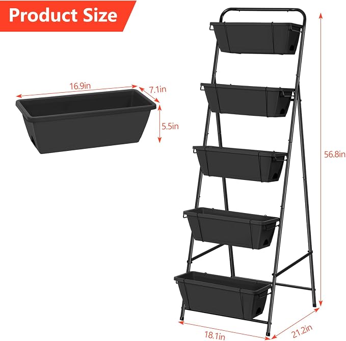 Vertical Garden Planter 5 Tiers Raised Garden Bed Outdoor Standing Herb Garden Planter with Drainage Holes and Removable Tray Planters for Outdoor Plants Vegetables Flowers Black