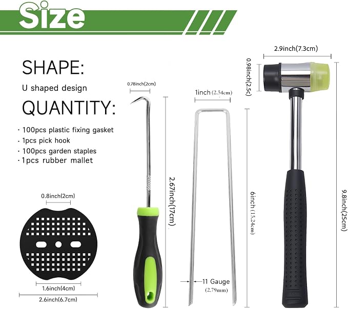 6 Inch Landscape Staples Set, 11 Gauge Galvanized U-Shaped Garden Stakes (100 Pack) with Gaskets, Hook Tool & Rubber Mallet for Weed Fabric & Landscaping
