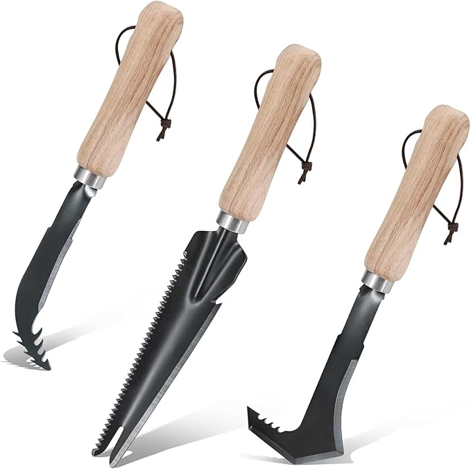 3-Pack Hand Weed Puller Tool, Stainless Steel Garden Trowel with Wooden Handle,L-Shaped Crevice Weeder,Curved-Tip Weed Tool for Effectively Pulling Out Weeds and Their Roots