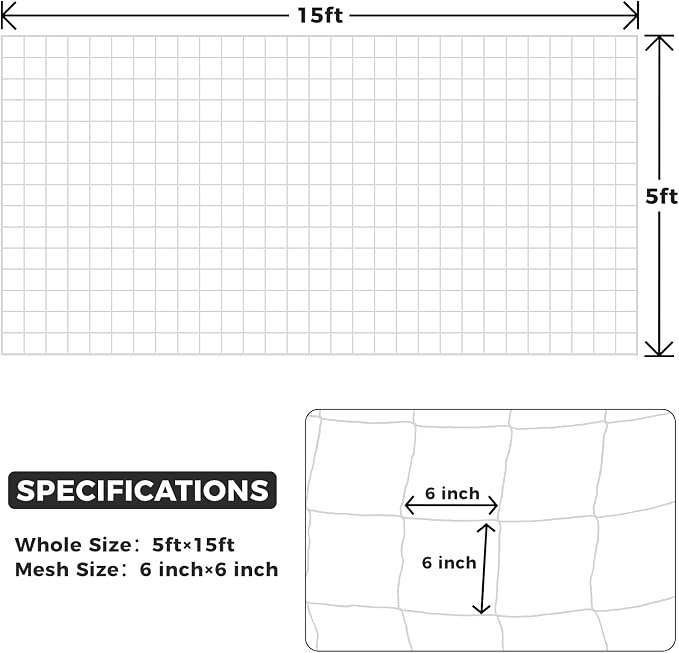 Kikhope Trellis Netting, 3 Packs 5 x 15 ft Heavy-Duty Polyester Plant Trellis Netting Mesh, Square Mesh Net for Climbing Plant, Fruits, Vegetables, Vines, Grow Tents, White