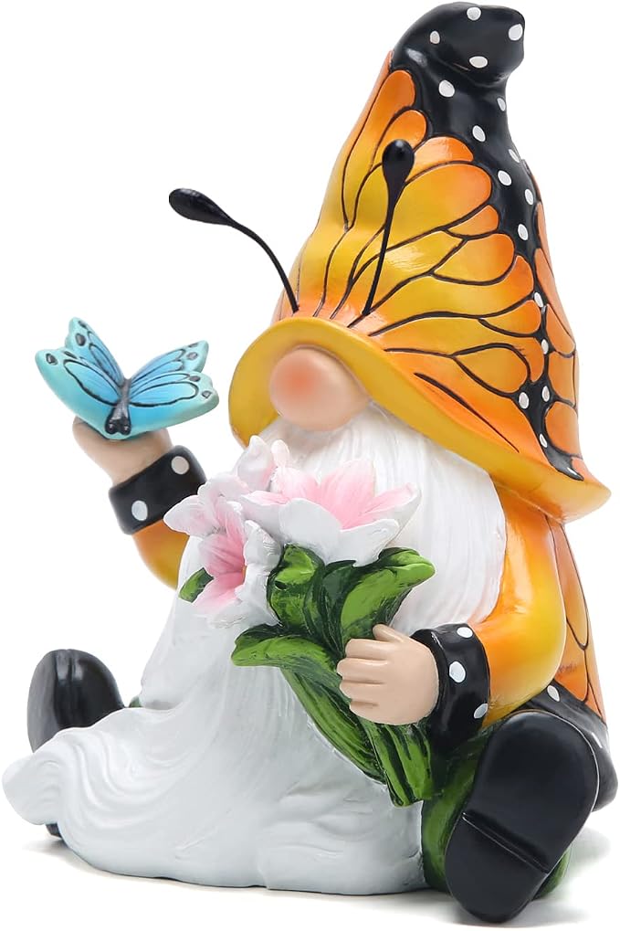 Hodao Butterfly Gnome Figurine Spring Decor, Cute Resin Gnome with Floral and Butterfly Design,Decorate for Shelves, Tiered Trays, Patios, and Garden, Gift for Mom Friends Housewarming Birthday