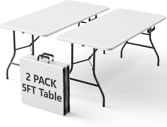 2 Pack Folding Table 5ft - Heavy Duty Plastic Table with Handle, Foldable & Portable, Fold-in-Half Utility Tables for Outdoor, Dining, Wedding, Events, Indoor, Picnic, Camping, Party (White)