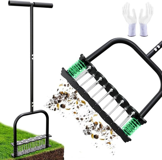 Manual Lawn Aerator Tool with 14 Iron Spikes, Spring‑Loaded Automatic Dirt & Leaf Cleaning, Height Adjustable Metal Yard Aerator for Soil Loosening & Lawn Aeration