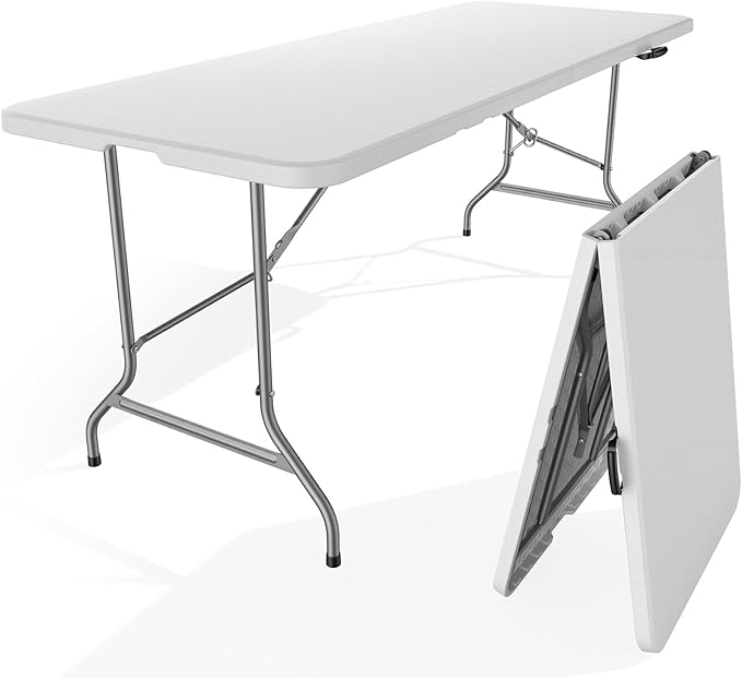 NEWBULIG 6 FT Foldable Table Easy to Fold and Store, Folding Picnic Table for Picnic Camping Kitchen Dining Party Outdoor Indoor with Carrying Handle, White