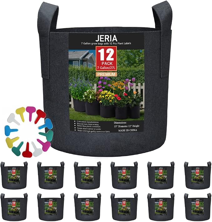 JERIA 12-Pack 7 Gallon Grow Bags, 300G Thickened Nonwoven Garden Pots,Heavy Duty Fabric Pots with Reinforced Handles