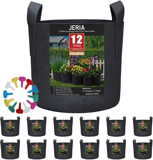 JERIA 12-Pack 7 Gallon Grow Bags, 300G Thickened Nonwoven Garden Pots,Heavy Duty Fabric Pots with Reinforced Handles
