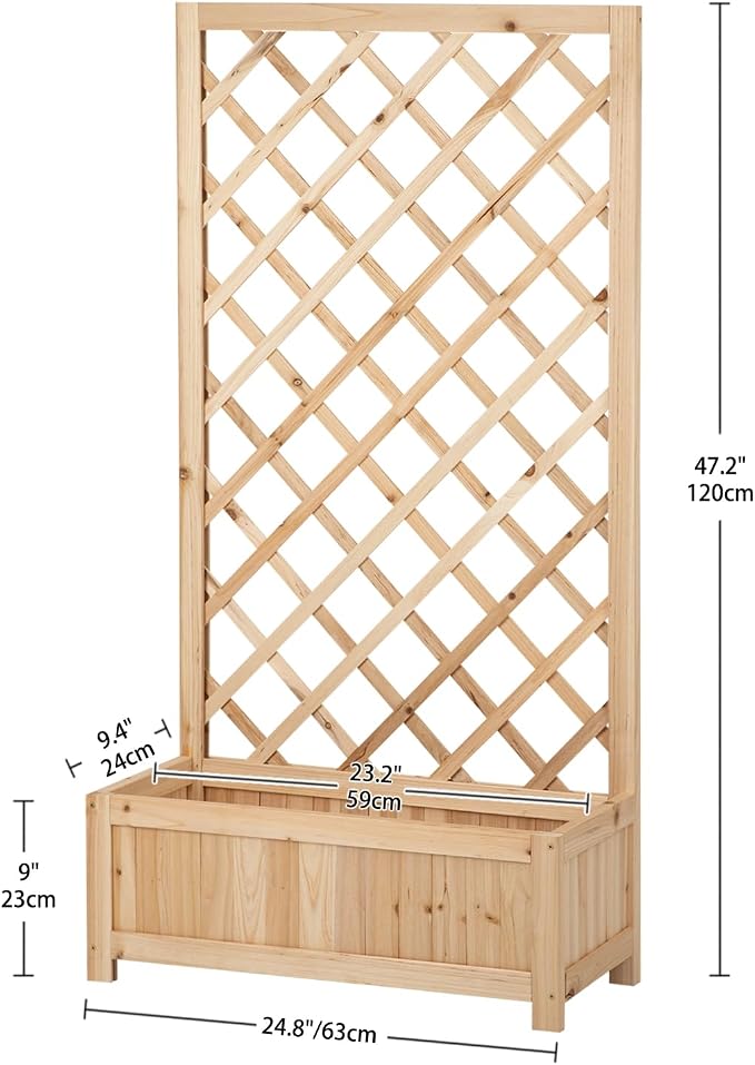 Wooden Raised Garden Bed with Trellis, 47" Outdoor Planter Box for Climbing Plants, Vertical Natural Wood Garden Planter for Vegetables, Flowers & Vines, Lattice Plant Support for Patio Yard Balcony