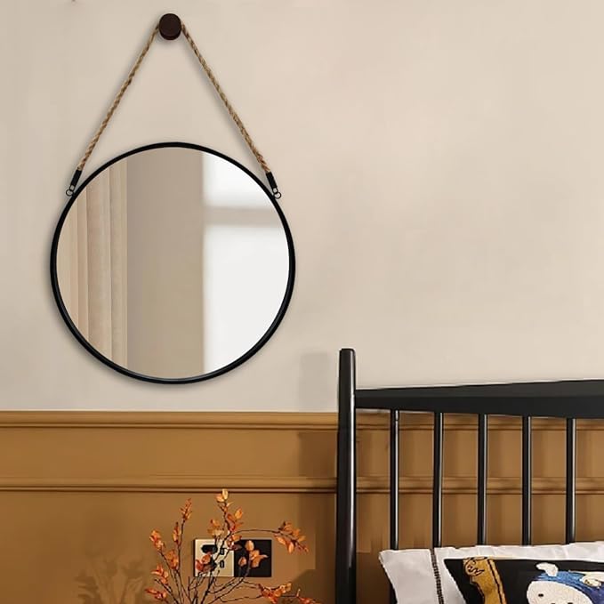 POZINO Round Mirror with Rope, 24 Inch Circle Hanging Wall Mirrors, Black Frame Farmhouse Decorative Mirror for Entryway, Living Room, Fireplace, Bedroom, Bathroom