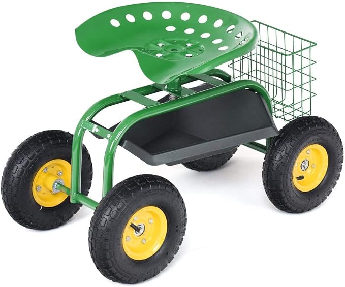 S AFSTAR Rolling Garden Seat, Outdoor Lawn Yard Patio Work Seat with Heavy Duty Wheels, Swivel Seat, Tool Tray & Basket, Garden Cart Wagon Scooter (Green)