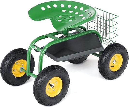 S AFSTAR Rolling Garden Seat, Outdoor Lawn Yard Patio Work Seat with Heavy Duty Wheels, Swivel Seat, Tool Tray & Basket, Garden Cart Wagon Scooter (Green)