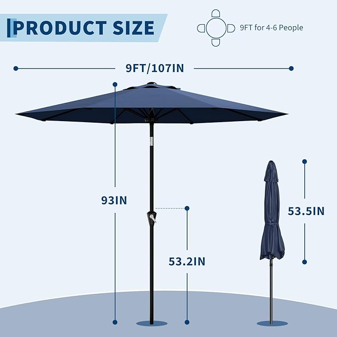 Garveelife 9FT Umbrella Outdoor Patio, Table Umbrella with Push Button Tilt and Crank, 8 Sturdy Ribs Waterproof UV Protection for Garden, Pool, Backyard, Deck, Market