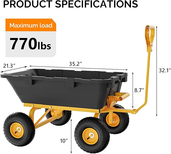 VINGLI Heavy Duty Dump Cart Wagon, 800LBS Quick-Release Dump Poly Wheelbarrow, 10in All-Terrain Pneumatic Tires Garden Wagon for Garden, Yard, Beach