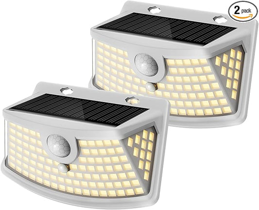 Aootek New Solar Motion Sensor Lights 120 LEDs with Lights Reflector,270° Wide Angle, IP65 Waterproof, Step Lights for Front Door, Yard, Garage, Deck (White, Warm White, 2-Pack)