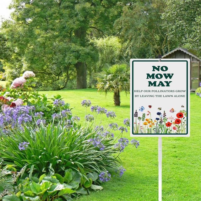No Mow May Yard Sign With Stake Do Not Mow Reflective Aluminum Lawn Signs Rust Free Protect Pollinator Habitat Wildflowers Garden Signs (8x12) IN