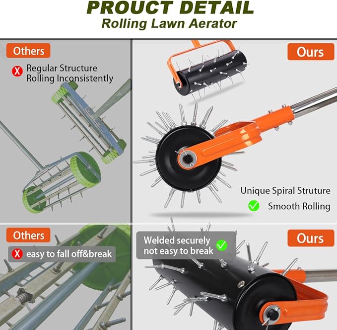 Rolling Lawn Aerator, 71 Inch Manual Aerator Lawn Tool Roller with 42 Spikes, Heavy Duty Soil Penetrator for Garden Yard