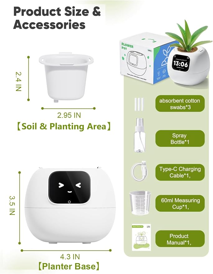 Smart Plant Pot with Emotion Display, Touchscreen & No App Needed, Auto Self-Watering with Alarm Clock & Plant Monitor, Unique Birthday Gift for Women, Plant Lovers & Housewarming