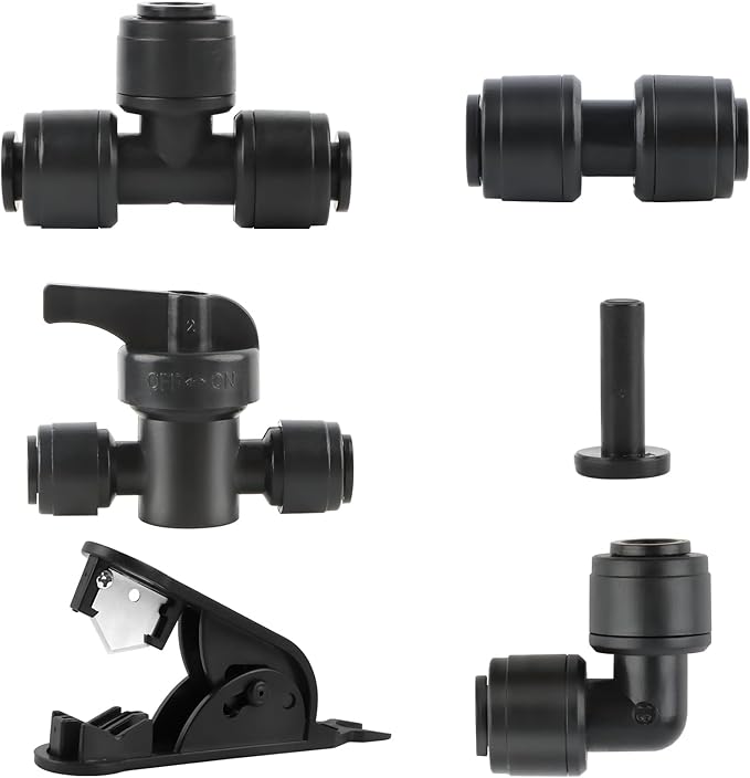 Kalolary 46PCS Quick Connect 1/4" Drip Irrigation Fitting Kit, 1/4'' Drip Line Push-to-Fit Connectors Leak Free Fitting Set with 10 Tees, 10 Couplings, 10 Elbows, 5 Valves, 10 End Plugs &1 Hose Cutter