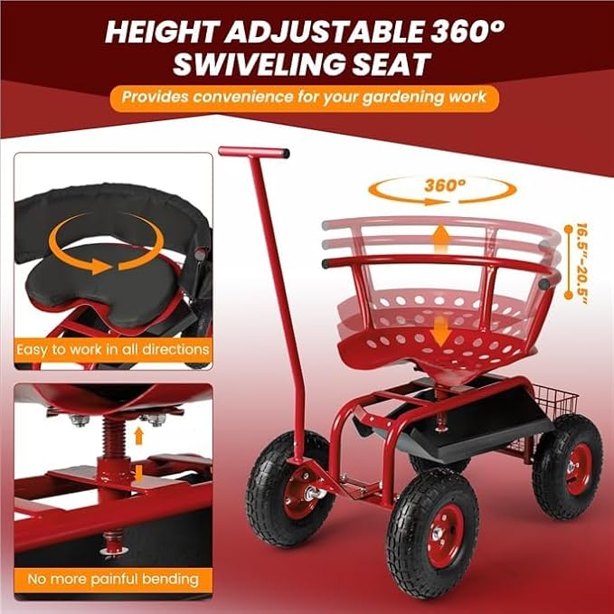 ERGOMASTER Garden Seat with Wheels, Outdoor Gardening Wagon Scooter, 2 Steering Handles, 360° Swivel Workseat & Tool Storage, Use for Patio, Yard, Lawn, Red