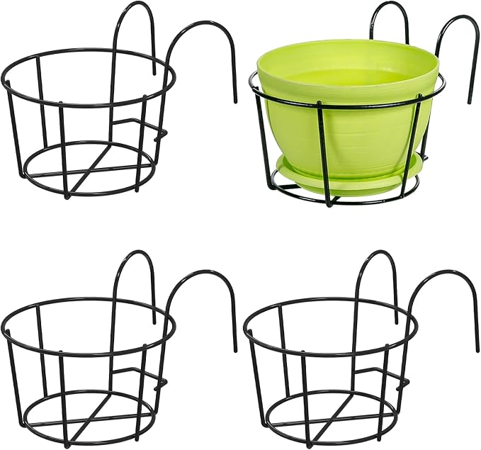 Leoenir 4 Pack Round Hanging Railing Planters - Metal Flower Pot Holder for Balcony and Fence （Black）