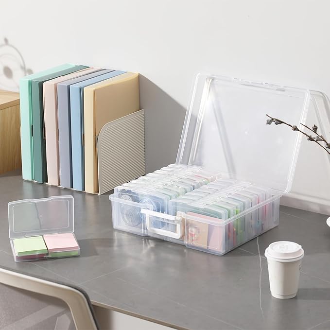 PCA Photo Storage Box 4" x 6" With Handle - 16 Inner Keeper, Large Organizer, Clear Plastic Craft Case for Stickers, Stamps, Jigsaw, Vegetable Seeds