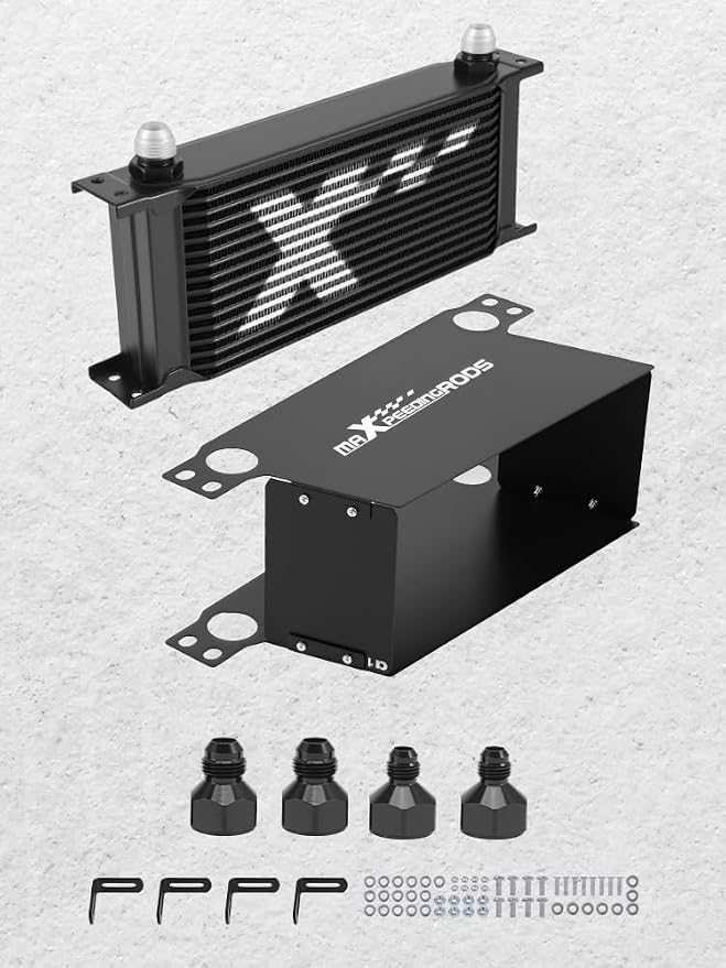 maXpeedingrods 16 Row Engine Oil Cooler, 10AN Stacked Plate Transmission Engine Oil Cooler Universal British Radiator Aluminium Black