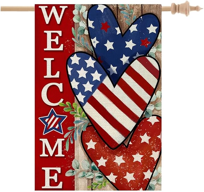 CROWNED BEAUTY 4th of July Patriotic Welcome House Flag 28x40 Inch Double Sided USA Hearts Blue Red Memorial Day Independence Day Outside Yard Party Decoration CF473-40