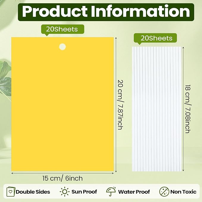 Qualirey 20 Pcs 6x8 Inch Yellow Sticky Traps for Gnats, Dual-Sided Sticky Gnat Traps for Indoor Outdoor Plants, Pest Control for Fungus Gnats, Fruit Flies, Whiteflies with Twist Ties