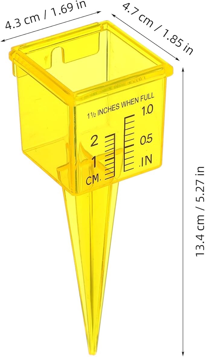 4 Pack Rain Gauge Outdoor, 1.5" Plastic Water Gauge for Rain with Wide Mouth & Ground Stake, Sprinkler Measuring Cup Tool for Yard Lawn Garden Irrigation, High Visibility Yellow Weather Instrument