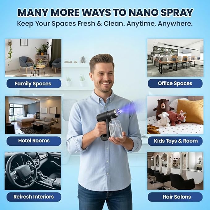 Professional K12 Nano Spray Gun with Blue Light, Atomizer Sprayer & Nano Steam Hair Mister Spray Bottle, Cordless & Rechargeable Barber Spray Gun, Home, Salon, Office & Travel Fine Mist Spray, Black