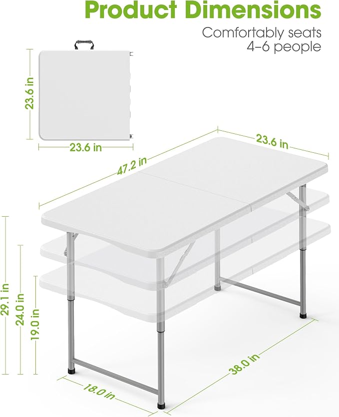 Pureegg 4FT Folding Table - No Assembly Required, Versatile Dining Table with Carrying Handle & Tabletop Safety Lock, Portable Foldable Table for Party, Craft, Camping, Picnic, White