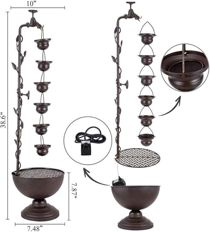 39" Tiered Water Fountain Outdoor 6 Hanging Cups Vintage Waterfall Fountain, Rustic Metal Outside Water Fountain for Garden Patio Yard Porch Decor