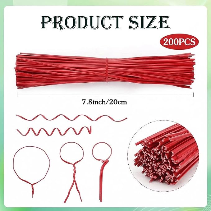 200 PCS Twist Ties for Plants, 7.8 Inch Garden Twist Ties Reusable Red Cable Tie with Rugged Metal Innercores for Bread Cake Pop Candy Bags Cable Organization Christmas Tree Gardening Decor