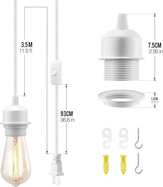3Pack Plug in Hanging Light Kit, E26/E27 Vintage Hanging Lights with Plug in Cord, Retro Pendant Light Kit, 12FT Cord with On/Off Switch, Pendant Light Cord for Hanging Light(White)