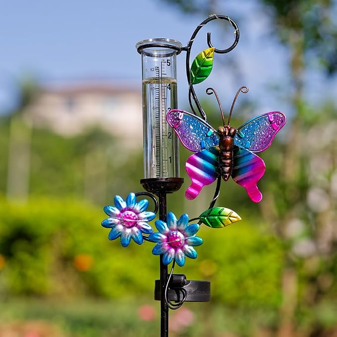 Butterfly Rain Gauge with 5 Inch Glass Tube, Solar Rain Gauge with LED Lights Rain Water Gauge Decor for Patio, Garden Yard, Measuring Precipitation