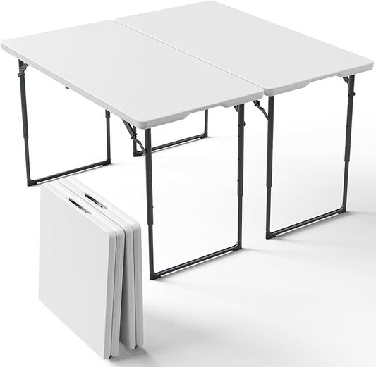 2 Pack Folding Table 4ft - Heavy Duty Fold-in-Half Plastic Table with Adjustable Height, Portable Utility Tables with Steel Legs for Indoor, Outdoor, Picnic, Camping, Dining, Party (White)
