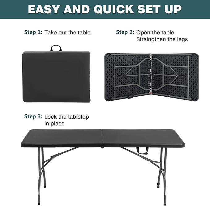 FDW 6 Foot Outdoor Dining Table, Foldable Portable Rectangular Plastic Folding Table with Built in Carrying Handle for Party and Wedding Use, Black