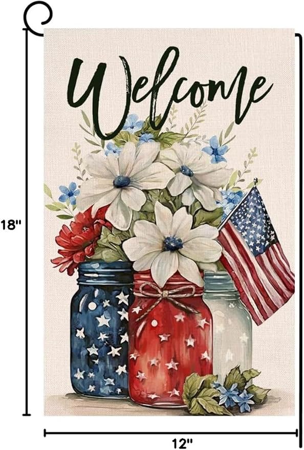 4th of July Floral Garden Flag 12x18 Vertical Double Sided Patriotic Mason Jar Flowers Red Blue Memorial Day Independence Day Holiday Outside Decorations Burlap Yard Flag BW321
