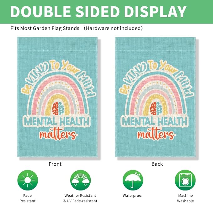 Perfectinsoy Be Kind To Your Mind Mental Health Matters Awareness Boho Garden Flag, Welcome Yard Home Holiday Farmhouse Porch Patio Lawn Classroom Outside Decor, Mental Health Awareness Banner