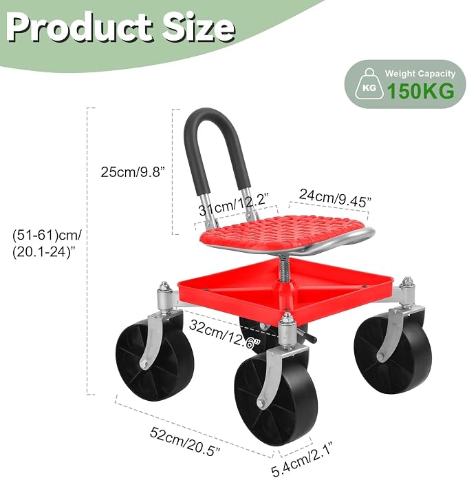Rolling Garden Seat, 360° Swivel Workseat & Tool Tray, Rolling Garden Cart with Seat, Height Adjustable Gardening Stool Gardening Chair for Seniors Red