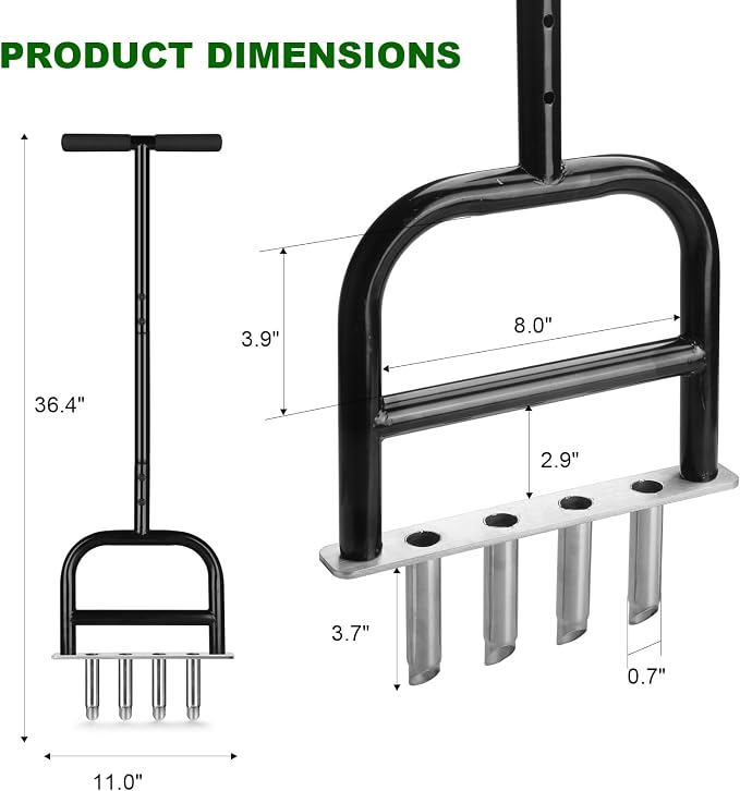 Lawn Core Aerator Tool Coring Grass Aerator Lawn Tool 4 Hollow Tines for Efficient Aeration Heavy Duty Steel Manual Plug Aerator for Lawn Care/Yard Soil Loosening/Grass Maintenance (Silvery) (Black)