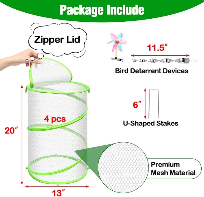 4 Pcs Insect Bird Barrier Netting Mesh with Bird Reflective Devices, Outdoor Garden Protection Cover, Plant Covers, Garden Netting Plant Cover, Protect Plant Fruits Flower from Insect Bird Eating