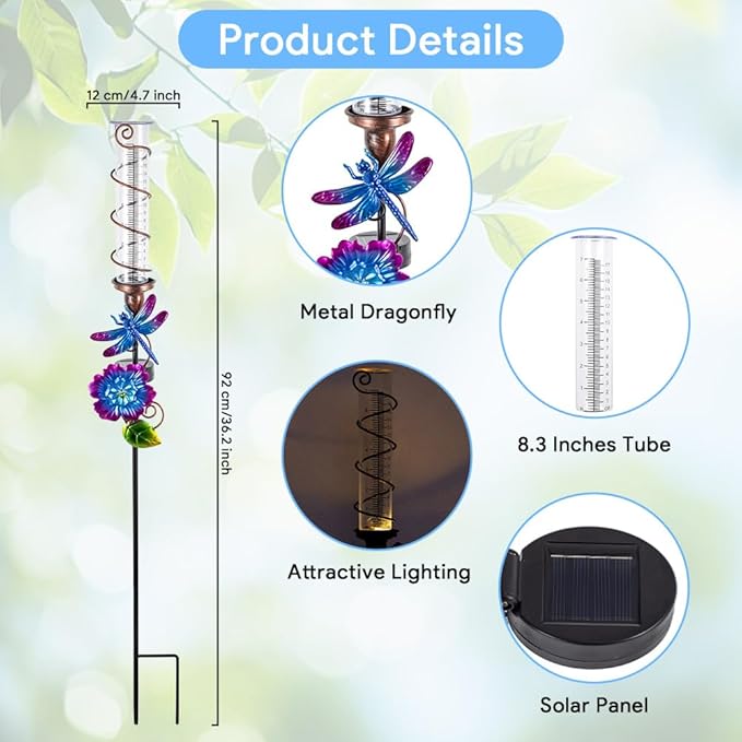 Stargarden Rain Gauge Outdoor, Solar Rain Gauge, Solar Measuring Gauge, Dragonfly Decorative Rain Gauge with 7" Plastic Tube for Yard Lawn Garden