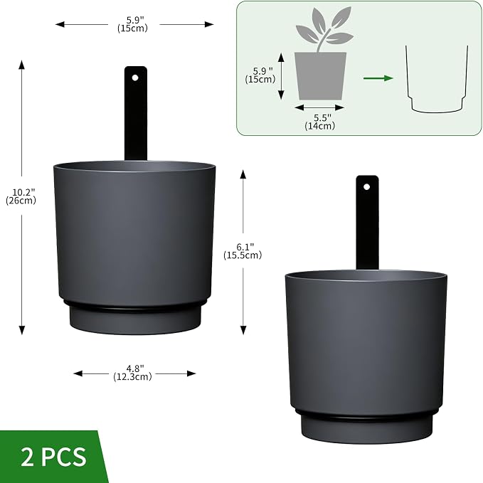 2 Pcs Wall Mounted Hanging Planter Vase for Indoor Outdoor Plants,Modern Metal Wall and Ceiling Hanging Flower Pot with Removable Flower Pot,Minimalist Decor for Herbs Succulents Flowers,5.9Inch,Grey