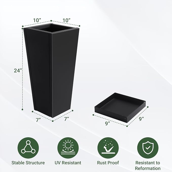 24" Metal Tall Outdoor Planters Set of 2, Durable & Wealtherproof | Tall Planters with Drainage Insert Shelve & Trays, Black Outdoor Planters for Porch, Garden, Yard