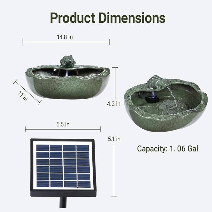 Ceramic Solar Water Fountain Outdoor – 11" Glazed Frog Solar Garden Fountain, Solar Powered Fountain for Garden, Patio, Yard, Tabletop