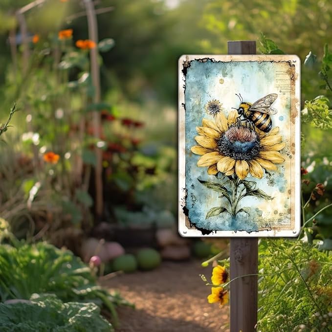YOYI ART Metal Garden Signs for Outside - Vintage Bee Sunflower Sign, Outdoor Signs for Patio, Backyard, Farmhouse, Garden, Porch, Home and Yard Wall Decor Art, Gifts for Women, 8 x 12 inch