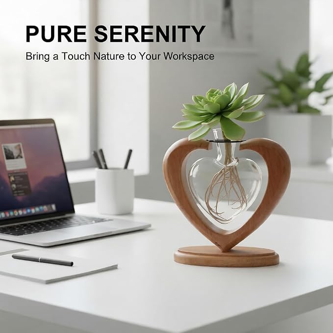 Plant Propagation Station, Heart-Shaped Hydroponic Glass Vase with Solid Wooden Stand, Rooting Vase for Cuttings, Gifts for Plant Lovers Mom Wife, Home Office Wedding Tabletop Decor