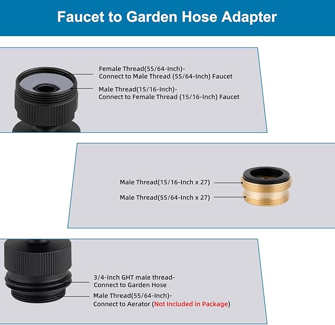Hibbent Faucet Adapter Kit, Swivel Aerator Adapter to Connect Garden Hose - Multi-Thread Kitchen Sink Faucet to Garden Hose Adapter 3/4 Inch - Matte Black