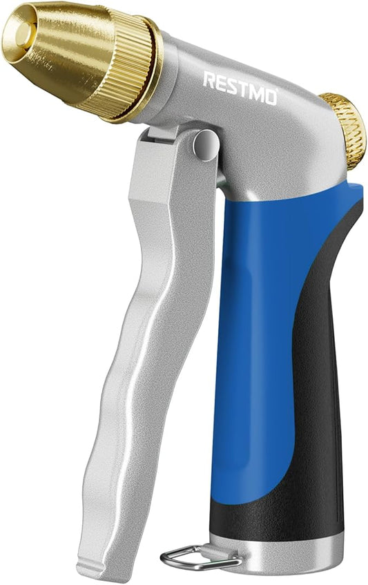 RESTMO Heavy Duty Metal Water Hose Nozzle, High Pressure Garden Hose Nozzle, Hose Sprayer Nozzle with Adjustable Spray Patterns for Garden Watering, Car Washing, Patio and Pet, Blue